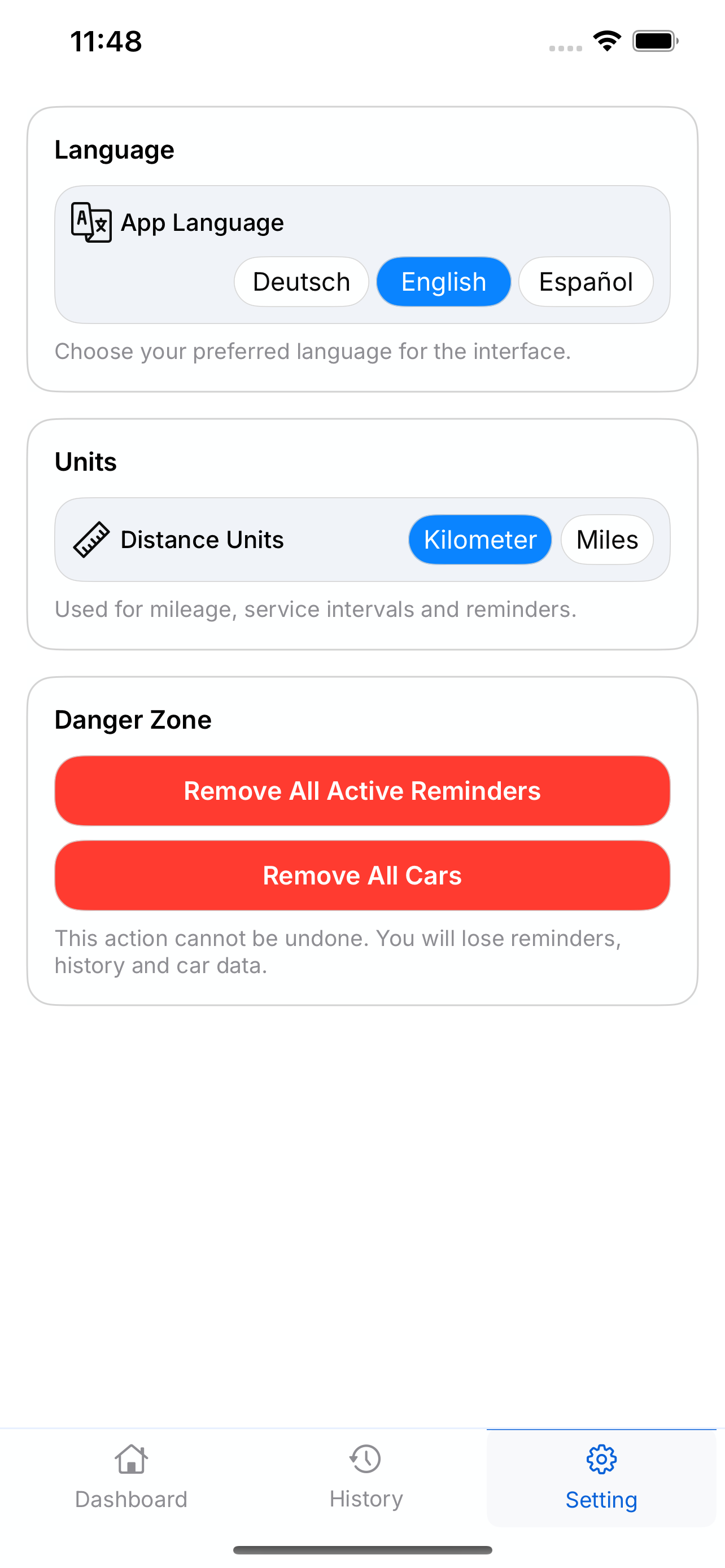 Dashboard with cars list